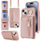 Zouzt for iPhone 15 Plus Case with Card Holder and Strap, Wallet Case with 7 Card Slot PU Leather Zipper Crossbody Lanyard with Adjustable Necklace Ring Cover for iPhone 15 Plus 6.7 - Rose Gold