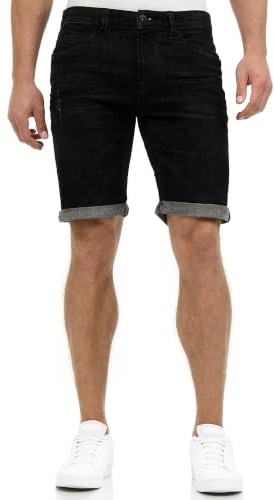 Indicode Herren Caden Jeans Shorts mit 5 Taschen | Herrenshorts Used Look für Männer Ultra Black, XL