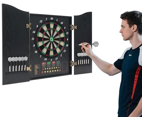 Elektronische Dartboards, Dartscheibe, Dartständer mit 4 LEDs Display, 27 Kategorien Spiele (Enthält 243 Unterkategorien), Wandbefestigung Schrank Dartscheibe, bis zu 16 Spieler, Schwarz