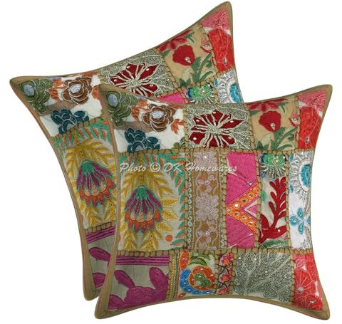 DK Homewares Ethnisch Sofa Deko Kissen Bezüge 30x30 cm Baumwolle Khaki Vintage Patchwork Klein Kissenbezüge Home Schlafzimmer Abstrakt Quadrat Deko Kissen Bezüge - 2er-Set (nur Bezug)