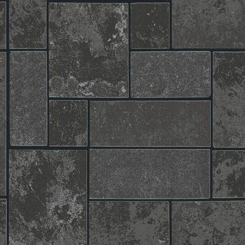 Glitter Brick Slate Stone Wallpaper - Black Charcoal Tile Effect Kitchen Bathroom - Modern Feature Wall Textured Vinyl