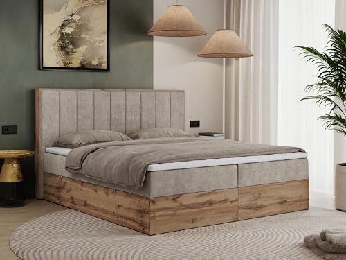 MKS MEBLE Boxspringbett 200x200 mit Bettkasten Eiche, Polsterbett 200x200 mit Matratze H3, Bett 200x200 mit Kopfteil, Bett mit Holzrahmen in Wotan Eiche - Beige Struktur - Bellissimo