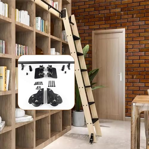 IisrAr Schwarzes, rundes Rohr-Schiebe-Rollset für Bibliotheksbeschläge (ohne Leiter), 3,3 bis 24 Fuß Lange Schiebeleiter für Bücherregale, Mehrzweck-Schienenset für Lofttreppen (Schienenset 16 Fuß/