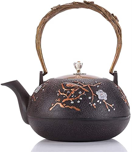 CAFIEDR Plum Blossom Cast Iron Teapot with Stainless Steel Infuser Strainer Japanese Uncoated Cast Iron Kettle Cast Iron Teapot Stove Safe Embossed Design Teapot-1000ML
