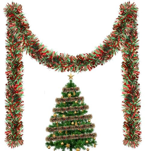MARFOREVER Weihnachts Lametta Girlande, 6 m Weihnachtsgirlande Rot Grün Lametta Weihnachtsbaum Girlande Weihnachten für Weihnachtsbaum Winter Party Hochzeit Dekoration