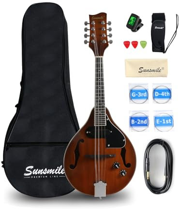 Sunsmile A-Style 8 String Acoustic-Electric Mandolin Instrument with Pickup Sapele Top Arched F Holes Body Okoume Neck Walnut Bridge with Gig Bag, Cable, Tuner, Strings, Strap, Picks and Polish Cloth.