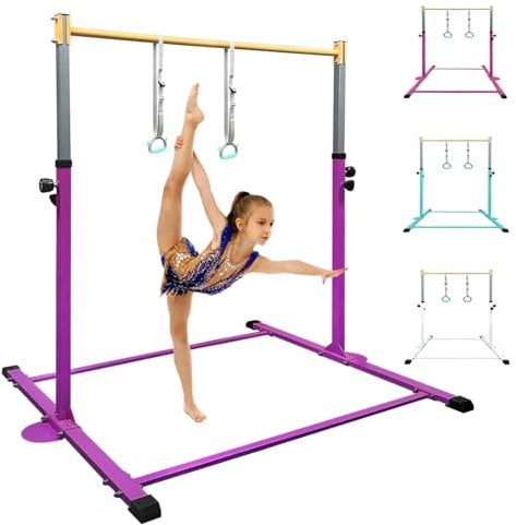 HomeSun Gymnastikstange für Kinder Robuste Kip Bar mit Ringen horizontale Turnreck für Heimtraining Höhenverstellbar 90-150cm Trainingsgerät bis 100 kg Alter 3-15 (Reck, Purple)