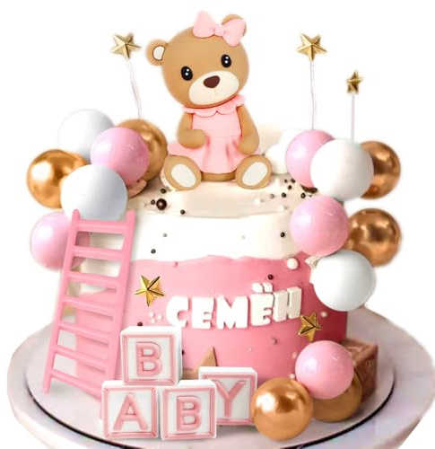 JeVenis Teddybär Tortendeko Taufe Mädchen Tortendeko Rosa Kuchen Dekoration | Teddybär Tortendeko Taufe Mädchen Tortendeko Mädchen 1 Jahr Rosa Kuchen Dekoration Teddybär Kuchen Dekoration für Hochzeit