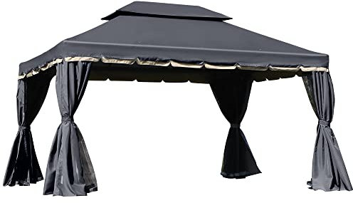 Outsunny 3 x 4m Aluminium Garden Gazebo, Marquee Canopy Shelter Pavilion Party Tent with Nets and Curtains for Garden and Deck, Black