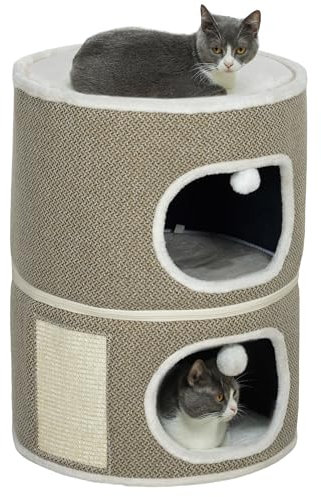 PawHut Kratztonne, Kratzbaum mit Spielbällen, 69 cm hoch Katzenturm mit 2 Höhle, Katzentonne aus Sisal, für Katze bis 6 kg, Kaffeebraun+Cremeweiß