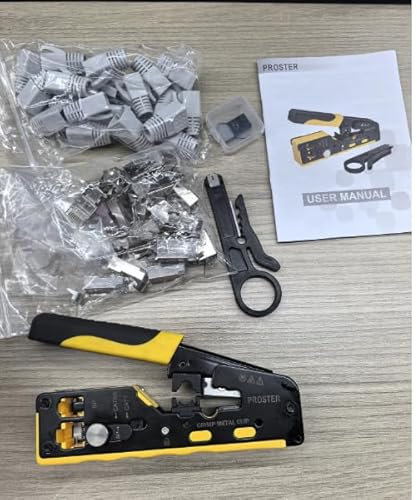 Proster Crimpatrice RJ45 Professionale con Design a Foro Passante per CAT7 Kit di Strumenti per Crimpatura con 20 Connettori Schermati Spelacavi e Lama di Ricambio Ideale per Reti ad Alta Velocità