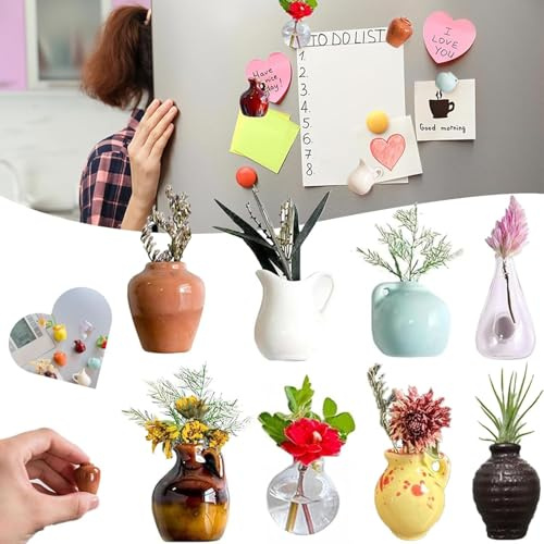 Mini-Vasen-Magnete für Kühlschrank, niedliche Mini-Vasen, magnetisch, lustige magnetische Blumenvasen, 3D-Pflanzenmagnete für Kühlschrank, Zubehör, Küche, Spind, Büro, Dekoration, 8 Stück