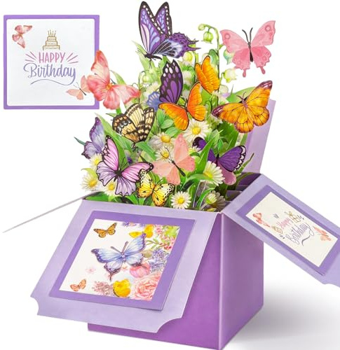 Hierein Birthday Cards for Women, Butterfly Pop Up Card Box, Happy Birthday Gifts Cards for Women, Daughter, Mom, Sister, Friend, Butterflies & Flowers Greeting Card with Blank Notecard & Envelope