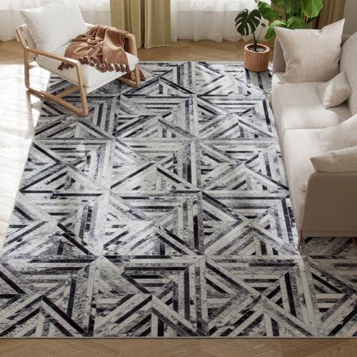 HOMCOM Modern Area Rug, Triangle Pattern Non-Slip Washable Rug, Chenille Floor Carpet for Living Room, Bedroom, Dining Room, Home Office, 290 x 200 cm, Black