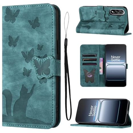 LSPCASA Handyhülle für OnePlus Nord 5 6.83 Zoll PU Premium Leder Schmetterlingskatze Schutzhülle hülle mit Kartenfächer Klappbar Flip Case Standfunktion für OnePlus Nord 5 Grün