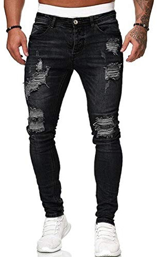 Men's Stretch Skinny Ripped Jeans, Super Comfy Distressed Denim Pants with Destroyed Holes