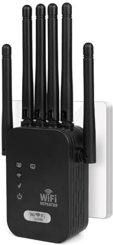 AOOSU Repetidor WiFi, AC1200 Amplificador Señal WiFi, Repetidor de Doble Banda 5 GHz y 2.4 GHz con 6 Antenas externas, Extensor Wi-Fi Cobertura más de 300 Metros para La Oficina, Hogar Negro