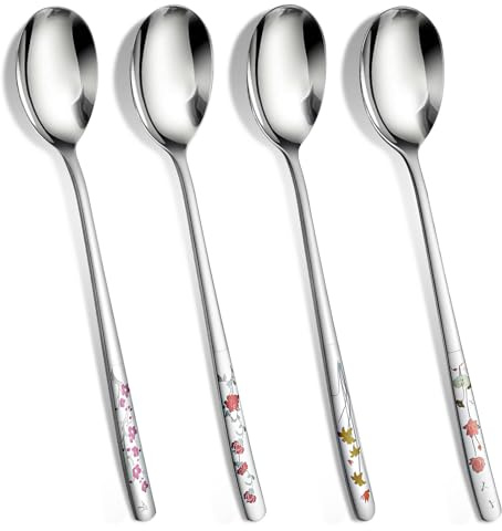 Grevosea 4 Pcs Korean Soup Spoons Stainless Steel 8 Inch Long Handle Tablespoon Asian Soup Spoon Cute Dinner Spoons for Home Kitchen or Restaurant, Dishwasher Safe (Flowers)