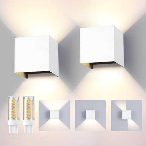 YCZM LED Wandleuchte Aussen/Innen, 2 Stücke Wandlampe Aussen mit Austauschbarer G9 Wasserdicht IP65 Außenleuchte,4000K Aluminium Außenlampe Einstellbar Abstrahlwinkel,Up Down Wandbeleuchtung Weiß
