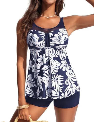 Hanna Nikole Tankini Damen Set,Bauchweg Badeanzug,Zweiteilig Bogen Tankini Oberteil Mit High Waist Badeshorts,Maschenverbindung Badebekleidung,Verstellbare Bademode,Flowy Strandmode Schwimmanzug