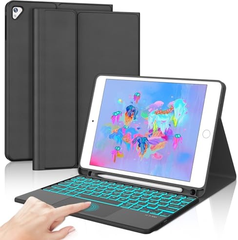 Funda Teclado para iPad 6 Generación 2018/5 Gen 2017 9.7/Air 2/1/Pro 9.7 | Capa Keyboard Touchpad Retroiluminación Bluetooth Magnético, QWERTY Español Ñ, Case Desmontable para iPad 9,7 pulgadas, Negro
