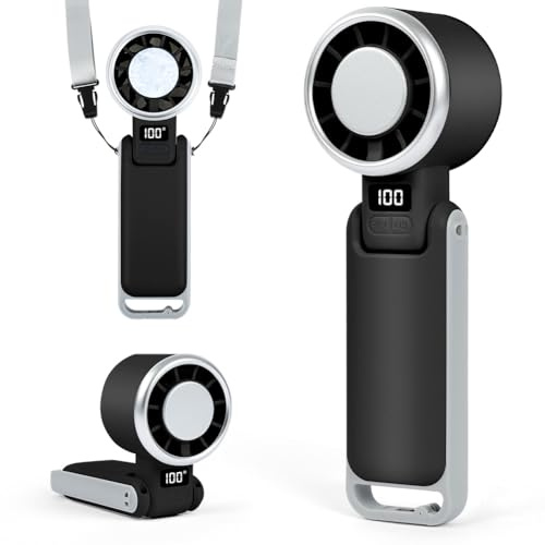 AUAUY Mini Ventilatore Turbo, 5 Velocità, 4-in-1 con Refrigerazione, Nero | USB Ricaricabile, Ventilatores Pieghevole a 180°, LED Display, per Viaggi, Sport, Ufficio
