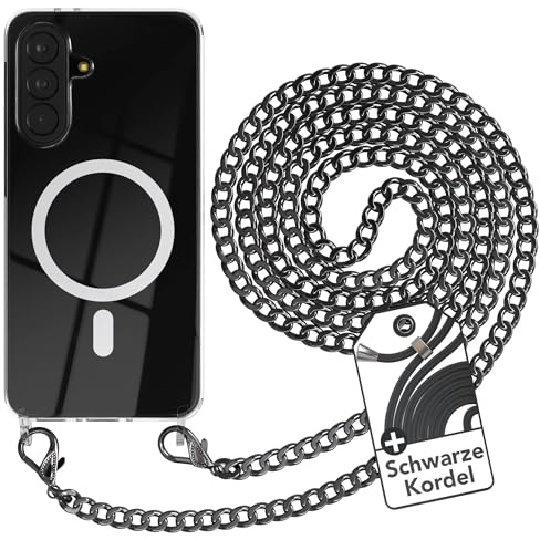 EAZY CASE - Handykette kompatibel mit Galaxy A37 Kette zum Umhängen Stoßfest Handyhülle für Galaxy A37 Silikon Hülle mit Band aus Metall Transparent als Fallschutz in Anthrazit