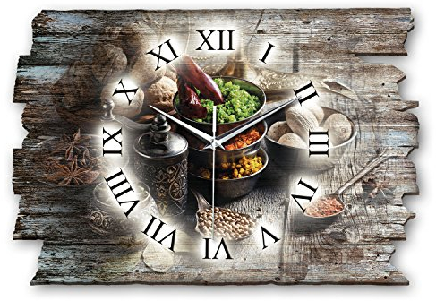 Kreative Feder Designer Wanduhr „Gewürze II“ aus Holz 40x27cm im Shabby Style Design - Designeruhr mit flüsterleisem Uhrwerk ohne Ticken (Gewürze II, leises Funkuhrwerk)