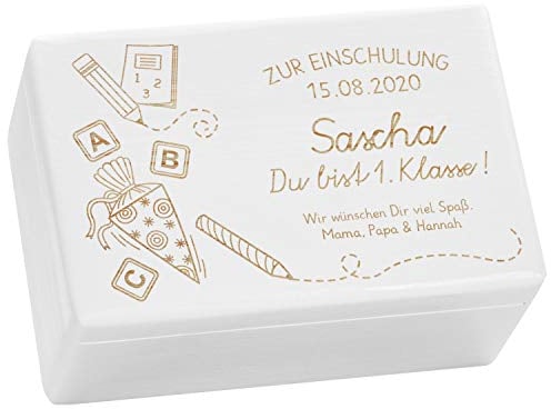 LAUBLUST Holzkiste mit Gravur - Personalisiert mit Datum | Name | WIDMUNG - Weiß, Größe M - Schultüte Motiv - Geschenkkiste zur Einschulung, FSC®
