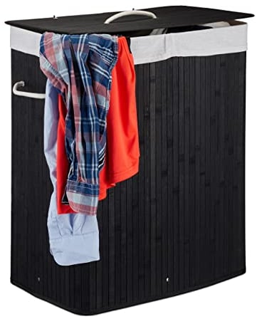 Relaxdays 10024382_46 Corbeille bambou panier à linge 2 compartiments coffre pliable couvercle 100 litres, noir, 63 x 52 x 33 cm