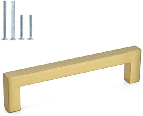 LONTAN 10 Pack Gold Kitchen Handles 128mm Square Brushed Brass Cupboard Handles Wardobe Bathroom Kitchen Cupboard Door Pulls Stainless Steel