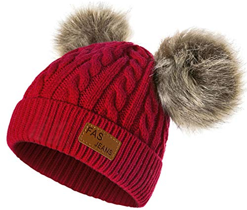 Yixda Baby Kids Winter Mütze Mädchen Jungen Warm Fellbommel Beanie Hüte (Rot)