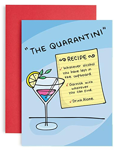 Lustige Quarantini-Geburtstagskarte für Sie. Tolle Alkohol-Cocktail-Rezeptkarte für Gin, Prosecco oder jeden Alkohol. Witziger Banter, Humor, Spaß und Witze.