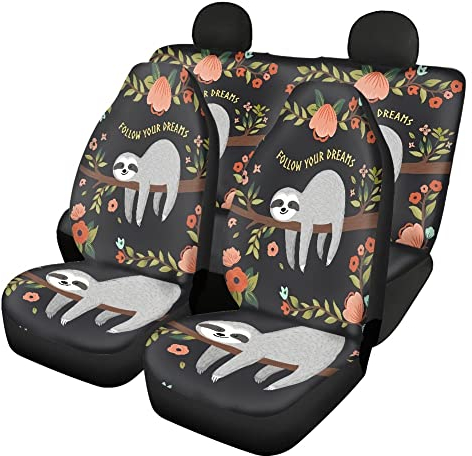 chaqlin Funny Sloth Print Autositzbezüge + Rückenlehnenbezug hinten + Sitzbezug hinten Autositzbezüge Komplettset mit 4 Teilen Niedliches Faultier Autozubehör, Universal-Passform, Schwarz