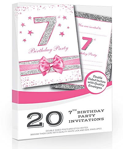 Olivia Samuel Lot de 20 invitations de fête d'anniversaire pour 7e anniversaire de couleur rose avec paillettes argentées – Format carte postale A6 avec enveloppes
