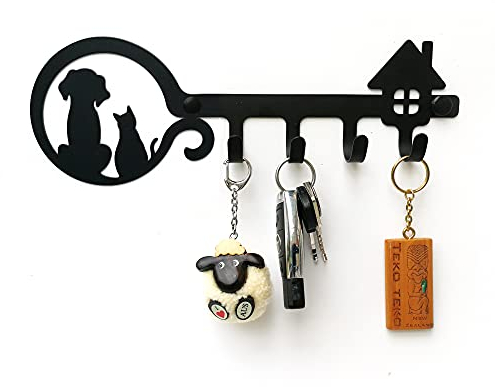 ELFSELF® Schlüsselbrett für die Wand - für Tierliebhaber & Naturfreunde - Mit dem Schlüsselboard alles ordentlich organisiert - 4 Aufhänger Schlüsselablage schwarzes Metall (Hund und Katze)