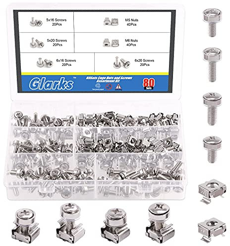 Glarks 80/160 dadi a gabbia M5 M6 e viti di montaggio a foro quadrato e rondelle per rack e armadietto server (M5 x 16 mm, M5 x 20 mm, M6 x 16 mm, M6 x 20 mm)