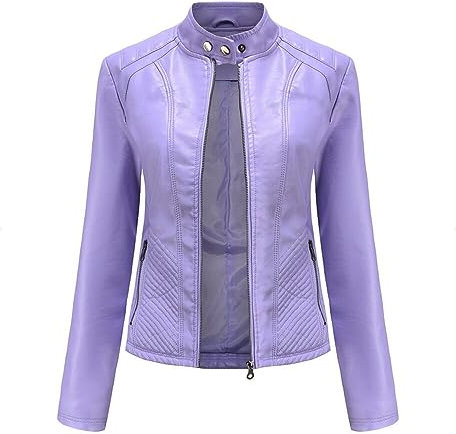 YFFUSHI Femme Veste en Simili Cuir Décontracté Style Motard PU Biker Blouson Cuir en Col Montant,Violet,L