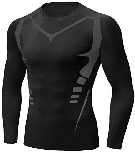 Terecey Camiseta de Compresión de Manga Larga para Hombre, Camiseta Deportiva de Hombre Transpirable, Ropa Running Hombres Camisa de Compresión Cuello Redondo