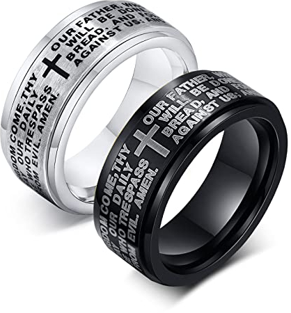 JewelryWe Schmuck 2pcs Fidget Angst Ringe Herren Edelstahl Bibel Gebet Kreuz Anti-Angst Spinner Ring Drehringe Roller Bandringe Stressabbauende Band Gravur Schwarz Silber Größe 62