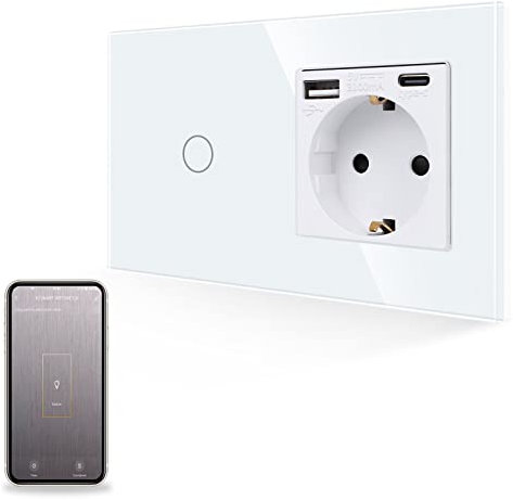 JIMEIDA Smart Wlan Touch,Interruptor de luz con enchufe USB en blanco, toma de cristal con carga rápida (tipo A y tipo C, 5 V/3.1 A), panel de cristal, interruptor de luz de 1 marcha