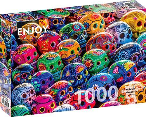 1000 Pieces Jigsaw Puzzle for Adults – Matte Finish, Soft Touch, Sturdy and Unique Pieces, Tight Fit, Vivid Colors, Missing Pieces Service – Traditional Colorful Mexican Skulls – by ENJOY Puzzle