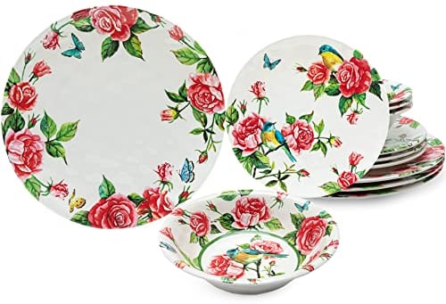 LEHAHA 12 Pcs Melamine Dinnerware Sets, Rose Flower Plates and Bowls Sets, Set of 4 Spring Floral Dishes Dinnerware Set, Great For Valentine's Day,Christmas, Mother's Day and Daily Use, Red Rose