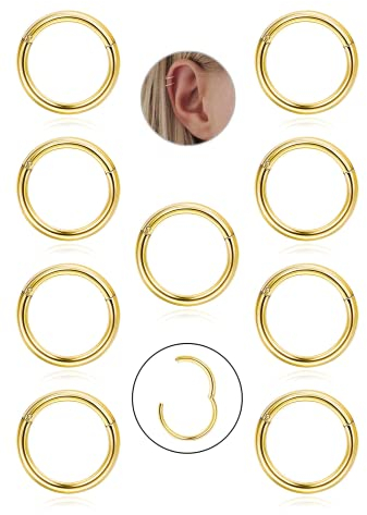 JeryWe 9stück Hypoallergen Nasenpiercing Ring Chirurgenstahl 16G - Helix Piercings Gold Nasenring Hoop Septum Piercing Clicker Ring Piercing Segmentring Silber Daith Rook Conch Tragus Piercings 10mm