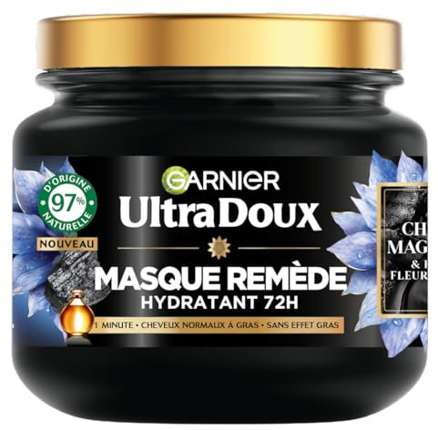 Garnier Ultra Doux - Masque Hydratant & Équilibrant au Charbon Magnétique & Fleur de Nigelle - Pour Cheveux Normaux à Gras - 340 ml