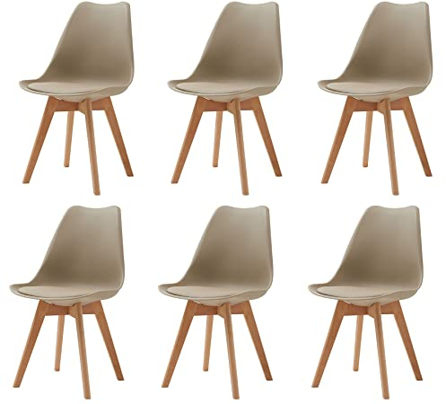 GrandCA HOME Pack de 6 Sillas de Comedor, Silla de Cocina con Patas de Madera de Haya, Sillas Tapizadas para Comedor, Salón y Cocina (Beige-6)