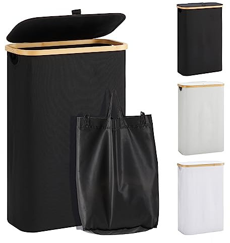 YOUDENOVA Laundry Basket with Lid 48-Litre Large Washing Baskets for Laundry with Laundry Bag Collapsible Laundry Baskets with Handles Laundry Hamper Bamboo Laundry Bin for Bedroom, Black