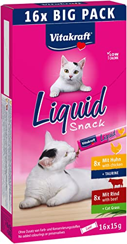 Vitakraft Liquid Snack, Katzen Leckerli, Katzensnack cremig, mit Rind, mit Huhn, in einzelnen Sachets, 1 Vorratspackung (16x 15g)