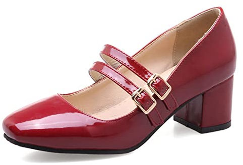 MJIASIAWA Vernice con Cinturino alla Caviglia Mary Jane Donna Tacco A Blocco Pump Square Toe Classico Tacco Medio Lavoro Vestito Scarpe Vino Rosso Numero 37 EU/38 Asiatico