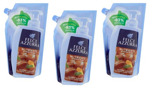 3 x Paglieri Felce Azzurra Ecoricarica Sapone Nutriente Ambra e Argan Sapone Liquido 500 ml